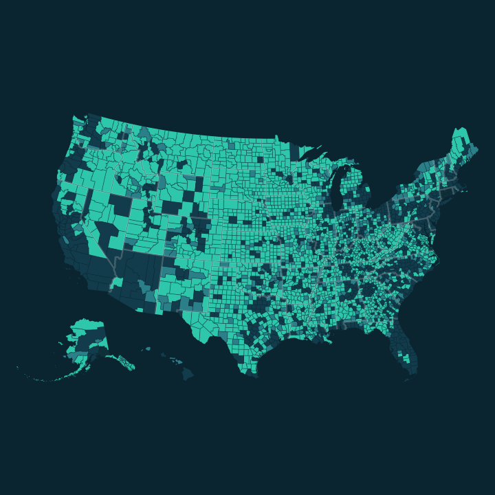 County map of pain care deserts in the United States